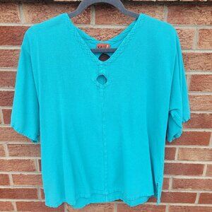 Oh My Gauze! Short Sleeve Shirt Women's Size L/XL (2) Boho Flowy Teal Lagenlook